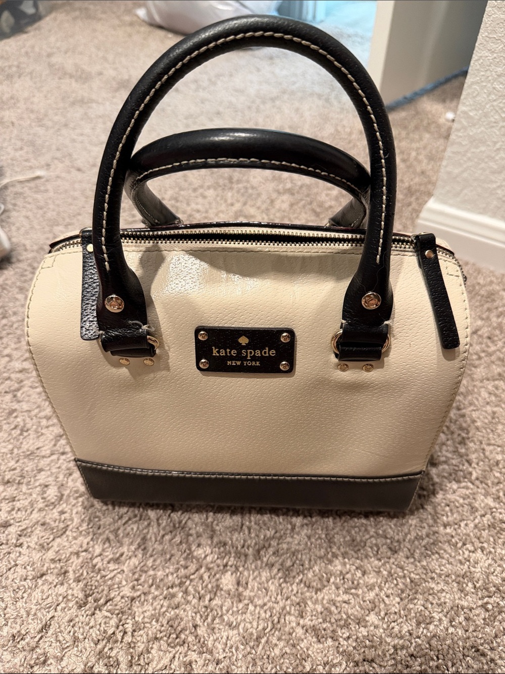 kate spade Cream and Black Leather Satchel with Gold Hardware